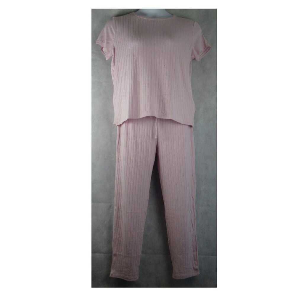 Roudelain Women's 2-Piece Pointelle Knit Cropped Pajama Set, Lilac Snow, Medium